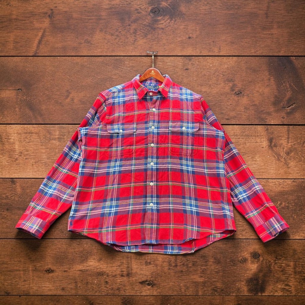 Polo Ralph Lauren Mens Classic Fit Plaid Cotton Flannel Shirt Red Navy Tartan XL